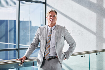 Buy stock photo Businessman, suit and mature director in office with confidence, pride and goals for professional career. Corporate lawyer, mission and ambition in workplace for success and law firm with experience