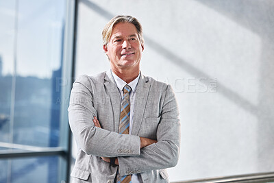 Buy stock photo Business, thinking and mature man with arms crossed, smile and decision in office. Person, accountant and employee with pride, choice and career ambition with opportunity, joy and professional