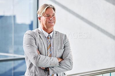 Mature man, arms crossed and ideas in office, accountant and professional for insight or perspective. Male person, confident CEO and contemplating vision or reflection on growth, planning and smile
