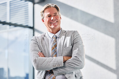 Buy stock photo Arms crossed, smile and thinking with business man in office for corporate management or planning. Future, idea and vision with happy mature CEO in professional workplace for executive career