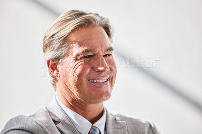 Buy stock photo Thinking, business and man with ideas, decision and confidence with professional, choice and wonder. Opportunity, mature employee and financial consultant with smile, career ambition and accounting