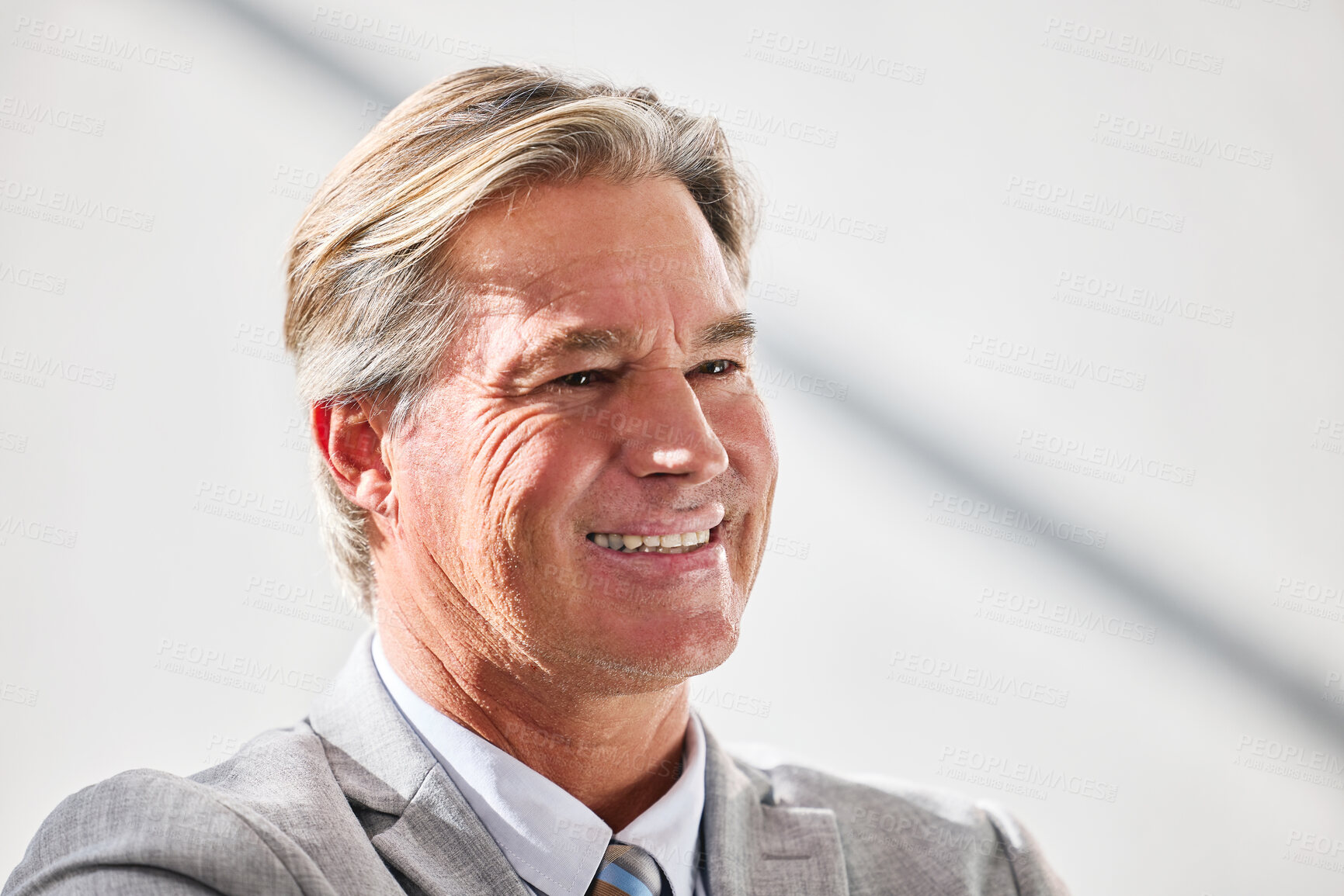 Buy stock photo Thinking, business and man with ideas, decision and confidence with professional, choice and wonder. Opportunity, mature employee and financial consultant with smile, career ambition and accounting