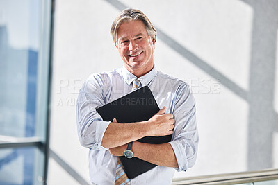 Buy stock photo Portrait, mature man and smile with paperwork, proud and happy with business of real estate and file. Office, documents and agent with contract for rental, joy and confident with ambition for job