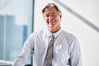 Buy stock photo Businessman, portrait and confident director in office with happiness, pride and professional job. Corporate lawyer, face and ambition in workplace for success, career and law firm with experience