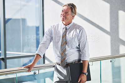 Buy stock photo Businessman, smile or document in office building with thinking for corporate, thought for future goal or growth. Male accountant, planning or portfolio in workplace with pondering for company budget