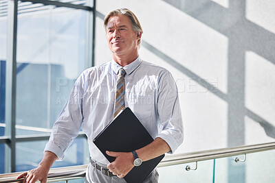 Buy stock photo Accounting, file and thinking with business man in office for audit or tax review of financial documents. Idea, planning and vision with mature corporate employee in workplace for professional work