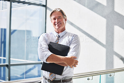 Buy stock photo Portrait, mature man and smile with document, proud and happy with business of real estate and file. Office, paperwork and agent with contract for rental, joy and confident with ambition for job