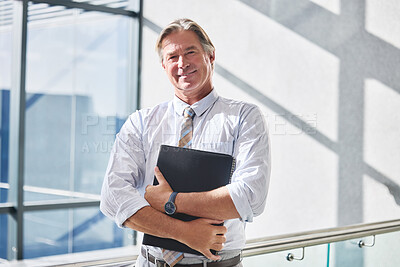 Buy stock photo Portrait, mature man and smile with file, proud and happy with business of real estate and paperwork. Office, documents and agent with contract for rental, joy and confident with ambition for job