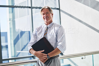 Buy stock photo File, portrait and smile with business man in office for audit or tax review of financial documents. Accounting, finance and info with mature corporate employee in workplace for professional work