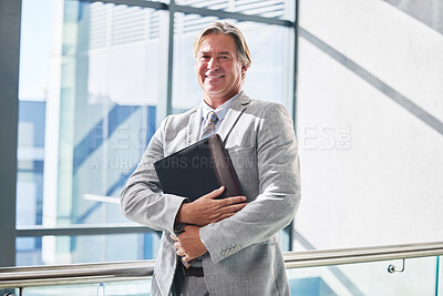 Buy stock photo Mature man, portrait and documents in office with confidence, pride and legal paperwork for court case. Corporate lawyer, face and happy in workplace for success, justice and law firm with experience