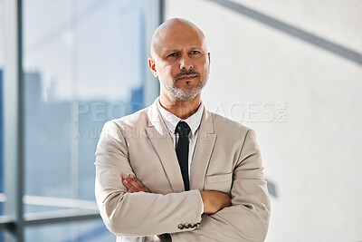 Buy stock photo Office, thinking and business man with arms crossed for law firm, professional career and legal advice with serious. Workplace, mature lawyer and pride for justice, compliance and corporate attorney