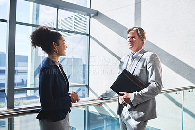 Buy stock photo Office, document and talking of business people for meeting, representation and advocacy for immigration. Career, female client and mature lawyer with file for legal advice, justice and working