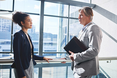 Buy stock photo Office, document and listening of business people for meeting, representation and advocacy for immigration. Career, female client and mature lawyer with file for legal advice, justice and working