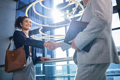 Buy stock photo Handshake, woman and man in office, business and agreement for job interview, smile and HR with contract. Happy, welcome and employment of person, hiring and professional in agency and broker