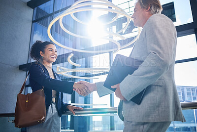 Buy stock photo Handshake, woman and man in office, meeting and agreement for job interview, smile and HR with contract. Happy, welcome and employment of person, hiring and professional in agency or broker with file