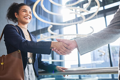 Buy stock photo Handshake, woman and HR in office, meeting and agreement for job interview, smile and thank you. Happy, welcome and employment of person, hiring and professional in agency or broker of business