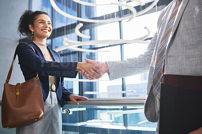 Buy stock photo Handshake, woman and HR in office, interview and agreement for job in meeting, smile and thank you. Happy, welcome and employment of person, hiring and professional in agency and broker of business