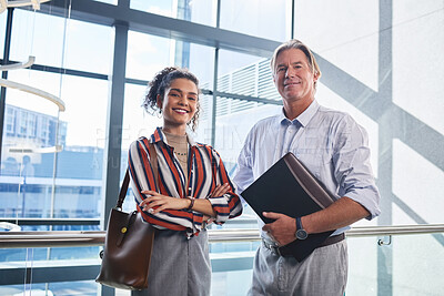 Buy stock photo Office, portrait and business people with smile for onboarding, interaction and engagement for corporate. Document, female intern and mature ceo for workplace orientation, talking and meeting