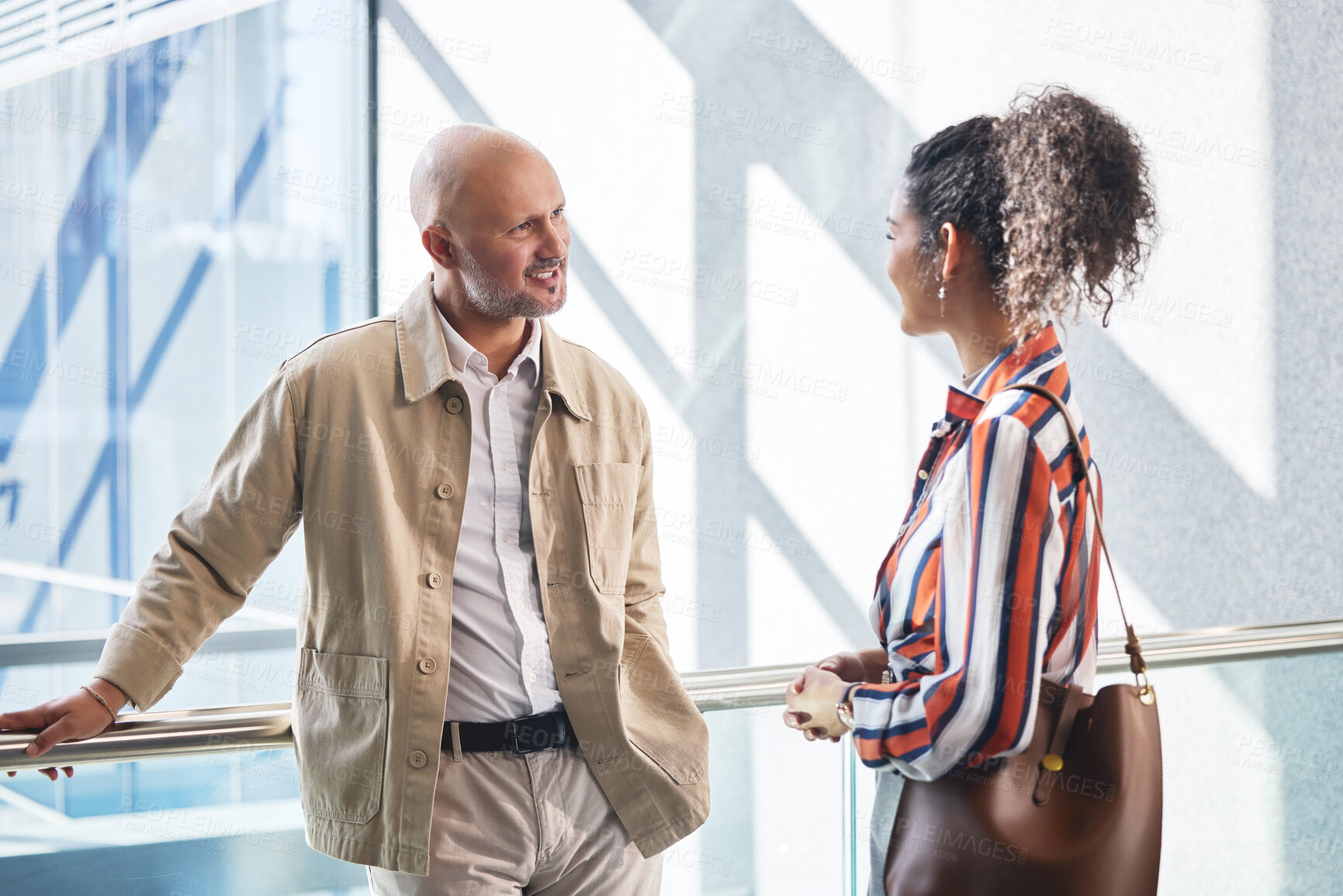 Buy stock photo Internship, manager and meeting for people in training, collaboration or workshop in office for learning. Discussion, smile and talking in hallway for team, mentor or partnership in business law firm