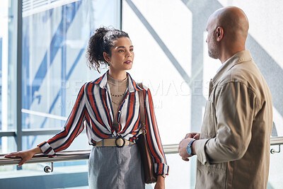 Buy stock photo Internship, manager and collaboration for staff in training, meeting or workshop in office for learning. Discussion, people and talking in hallway for team, mentor or partnership in business law firm