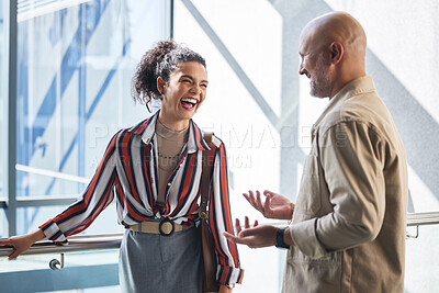 Buy stock photo Internship, laughing and collaboration for people in training, meeting or workshop in office for learning. Discussion, joke and talking in hallway for team, mentor or partnership in business law firm