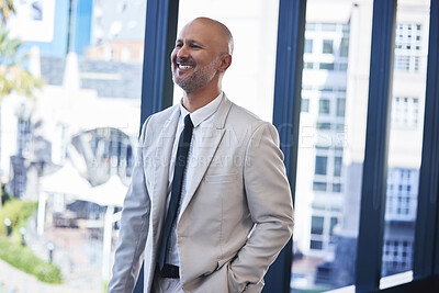 Buy stock photo Business, decision and man with ideas in modern office, financial advisor and problem solving. Person, employee and consultant with opportunity, thinking and confidence with career ambition or wonder