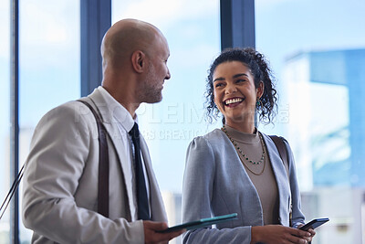 Buy stock photo Collaboration, technology and walking with business people in office for administration or conversation. Accounting, audit and management with man talking to woman employee in corporate workplace