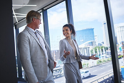 Buy stock photo Collaboration, smile and tour with business people in airport together for international travel. Conversation, corporate or introduction with man and woman employee on bridge in terminal for flight