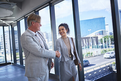 Buy stock photo Handshake, woman and man in office, hiring and agreement in meeting for job, smile and HR with person. Happy, welcome and employment with manager, interview and professional in agency and broker