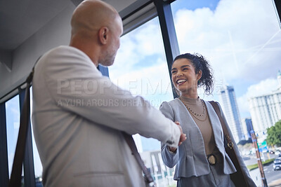 Buy stock photo Business people, handshake and lawyer in office with introduction for partnership, greeting or collaboration. Merger, teamwork and attorney woman with man shaking hands for deal, trust or agreement
