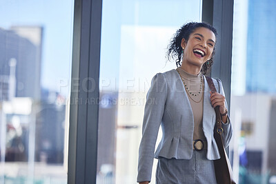Buy stock photo Proud, excited and businesswoman in office for job promotion, justice celebration or achievement. Winning, legal consultant or young professional lawyer walking with smile, good news or case victory