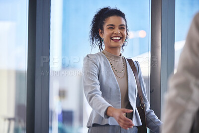 Buy stock photo Business people, welcome and woman with handshake, agreement and greeting in airport lobby. Person, employee and travel agent with confidence, shaking hands and gesture for thank you and b2b deal