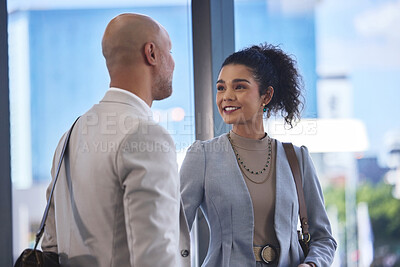 Buy stock photo Business people, conversation and man with woman, networking and planning for project. Modern office, coworkers or employees with communication, share ideas and speaking with proposal or professional
