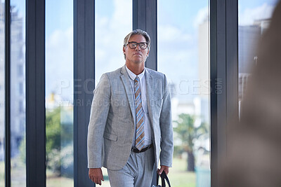 Buy stock photo Business, portrait and mature man in office for experience, financial success and boss in morning. Male CEO, agency and ready for work with vision, investor and development in corporate workplace