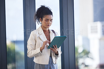 Buy stock photo Tablet, travel and business woman in airport online for accommodation booking on work trip. Reading, digital technology and female journalist with email for job promotion with relocation for career.