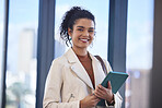 Tablet, portrait and woman in airport for travel with accommodation booking on work trip. Smile, digital technology and female journalist with email for job promotion with relocation for career.