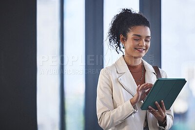 Buy stock photo Businesswoman, news or tablet in startup reading for online research, planning post or social media. Ebook, smile or public relations specialist with digital technology for job project on internet