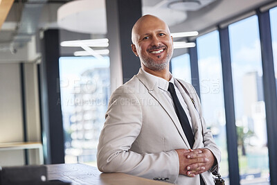 Buy stock photo Smile, business or portrait of mature man in lobby for career success, expert or comfort in building. Pride, male accountant or happy for economic growth for profit, investment or finance in New York