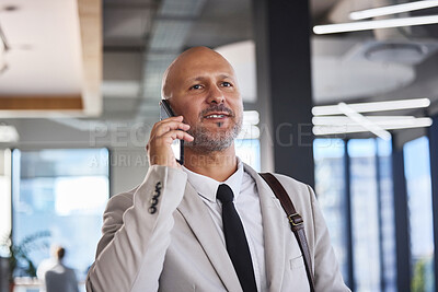 Buy stock photo Mature man, office and smile for phone call as lawyer for communication or conversation with client at law firm. Business person, legal advisor and happy on consultation for court case as attorney