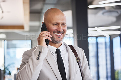 Buy stock photo Man, office and happy for phone call as lawyer for communication or conversation with client at law firm. Business person, legal advisor and mature on consultation for court case and discussion