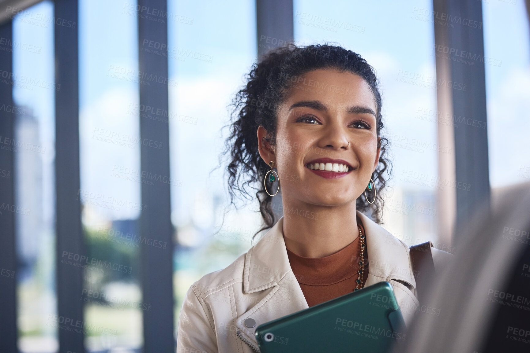 Buy stock photo Woman, intern and smile in fashion office, business and internship for learning opportunity or designer program. Design, student and creative industry with employee, trainee and confident in career