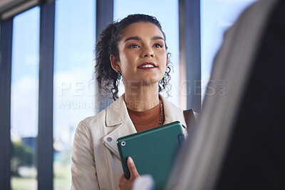 Buy stock photo Woman, internship and student in fashion office, intern and learning opportunity for designer program. Design, creative industry and employee in job, trainee experience and discussion meeting