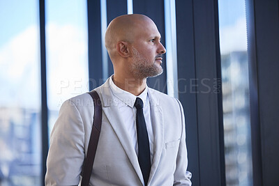 Buy stock photo Consultant, thinking and man with ideas in modern office, financial advisor and problem solving. Person, business owner and employee with decision, opportunity and confidence with career ambition