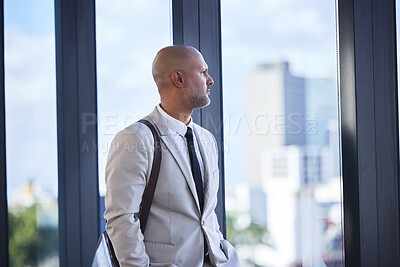 Buy stock photo Employee, thinking and man with ideas in modern office, financial advisor and problem solving. Person, New York and consultant with decision, opportunity and confidence with career ambition or view