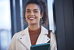 Woman, smile and portrait with tablet in office for investment, research and online finance news. Happy, financial advisor and face with technology for budget growth, review and digital feedback