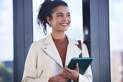 Buy stock photo Woman, smile and idea with tablet in office for investment, information and online finance news. Happy, financial advisor and thinking with technology for trading portfolio report, growth or feedback