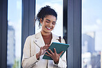 Tablet, travel and woman in airport online for accommodation booking on work trip. Smile, digital technology and female journalist with email for job promotion with immigration relocation for career.