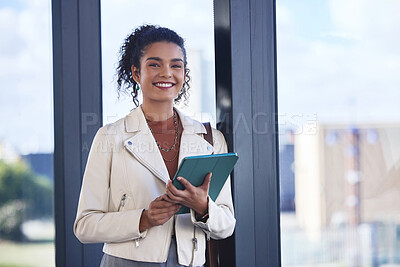 Buy stock photo Tablet, smile and portrait of woman in airport with online accommodation booking on work trip. Portrait, digital technology and journalist with email for job promotion with relocation for career.