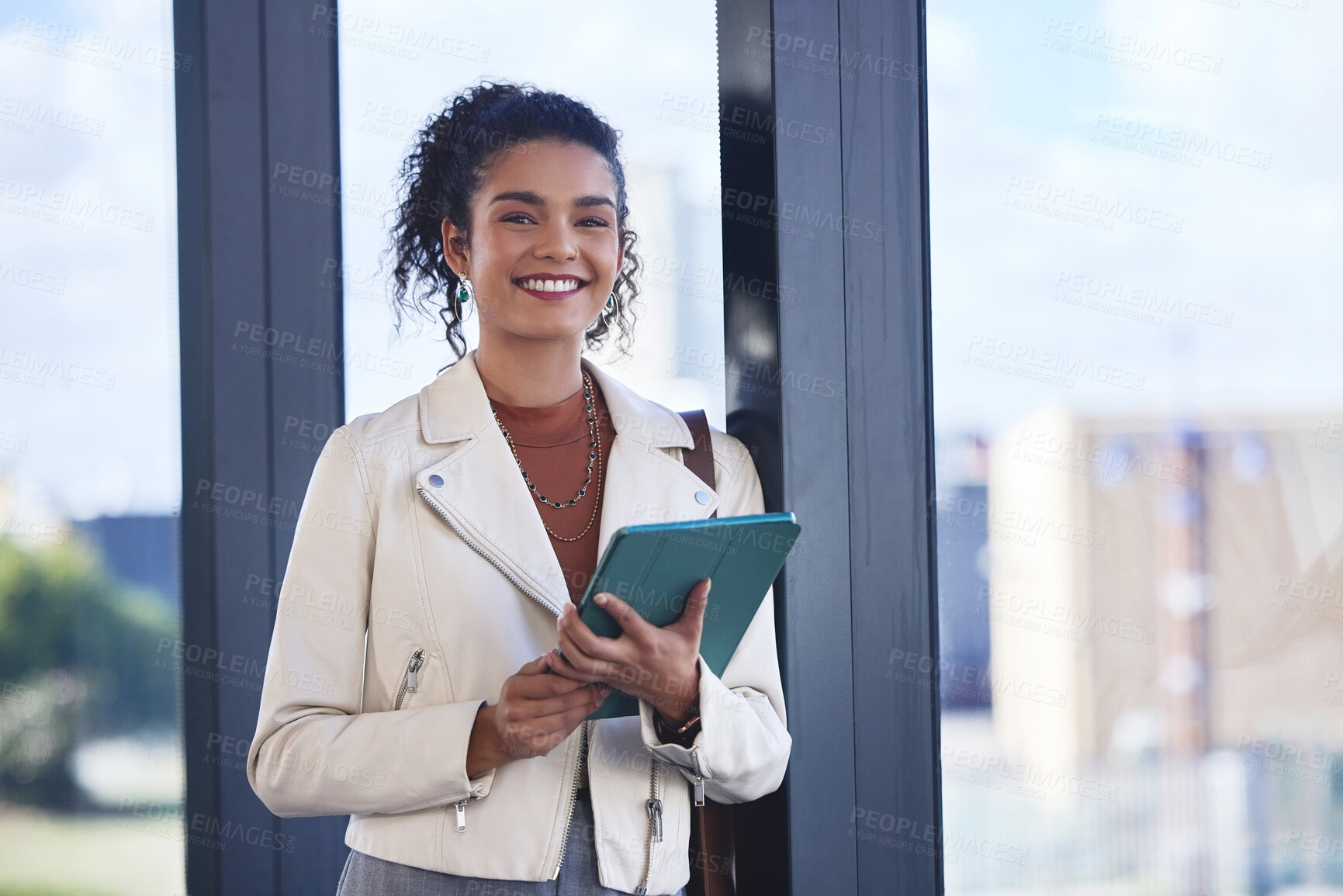 Buy stock photo Tablet, smile and portrait of woman in airport with online accommodation booking on work trip. Portrait, digital technology and journalist with email for job promotion with relocation for career.