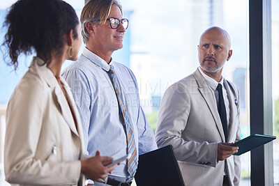 Buy stock photo Business, people and walk with associates in office, professional and talking in workplace building. Together, discussion and collaboration or corporate team, meeting and company or employees speak
